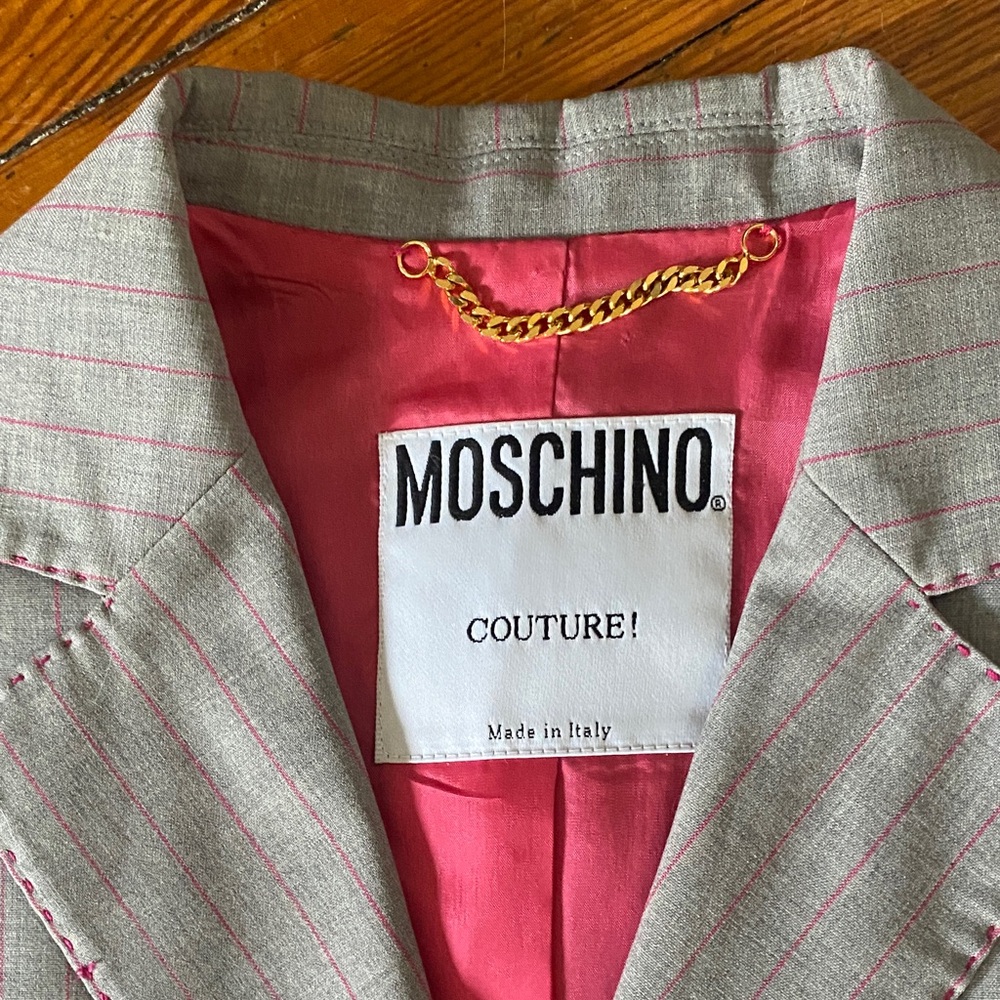 Vintage 1990s Moschino Couture Light Gray with Pink Pinstripe Blazer - Picture 2 of 12